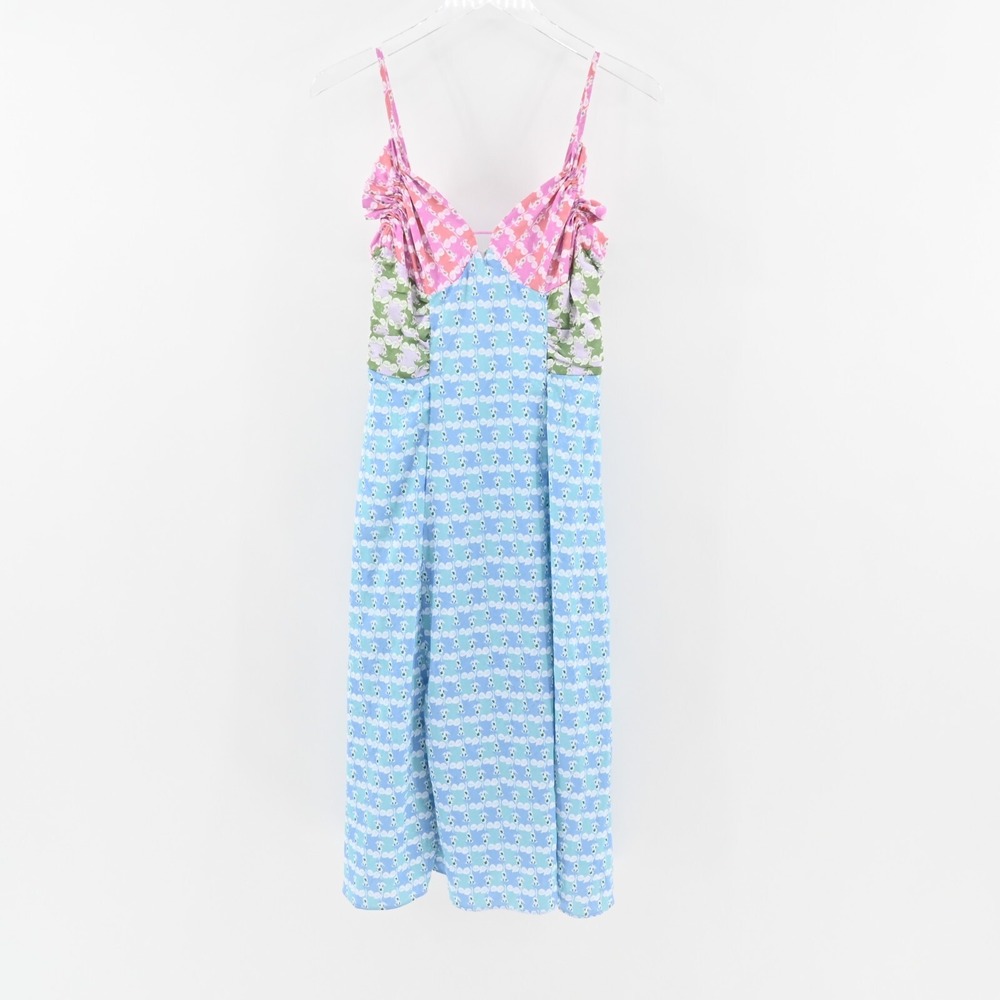 ENGLISH FACTORY Dress Sz S Pastels Floral Print Satin Sleeveless Midi Blue Pink - Picture 2 of 11
